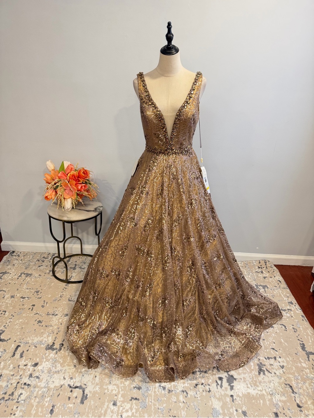 Colors Couture Bronze Brown Deep V-Neck Sequin Embellished Formal Evening Gown
